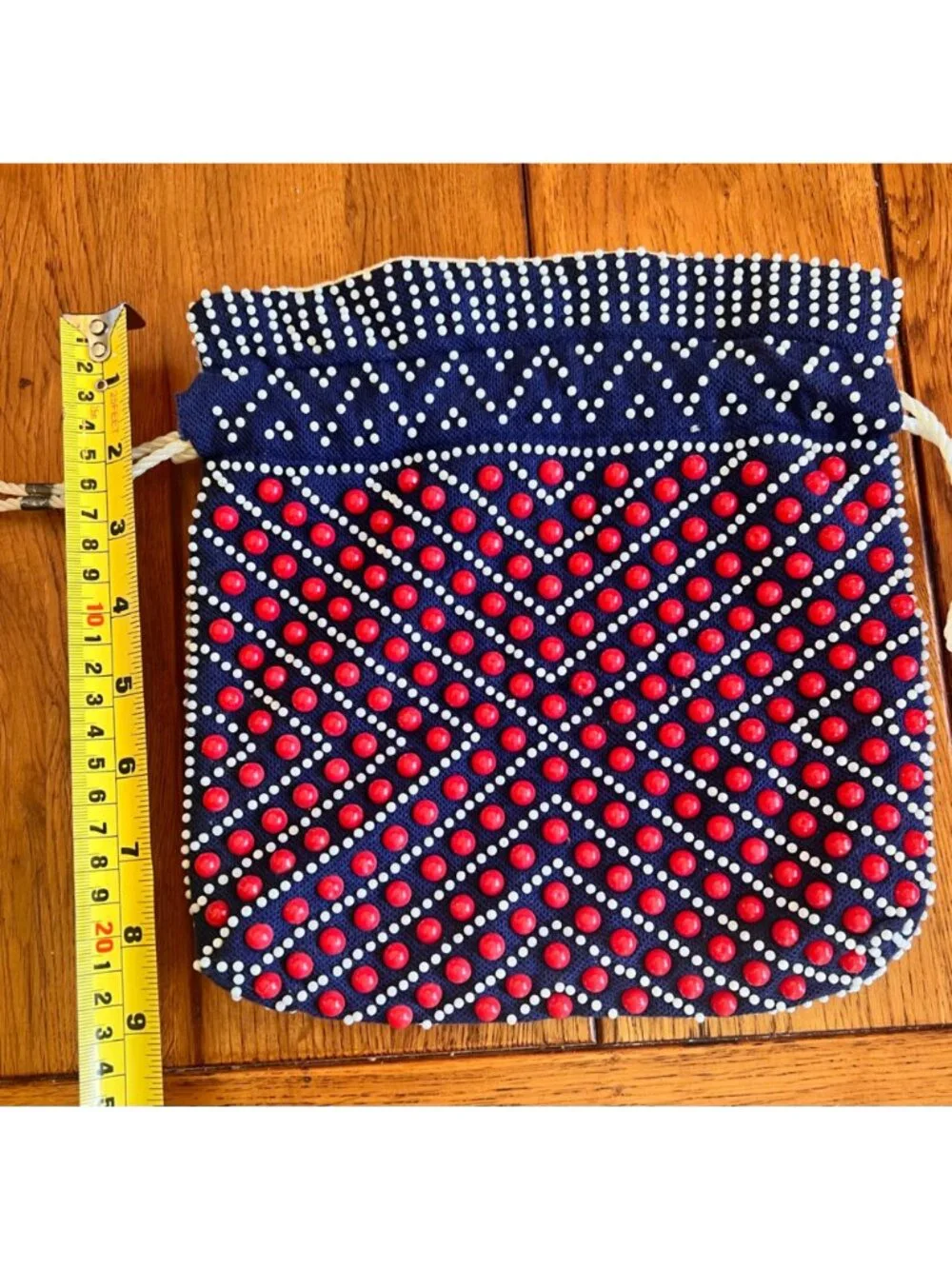 Vintage Beaded Navy Blue & White Drawstring Pouch With Red Accents - 8